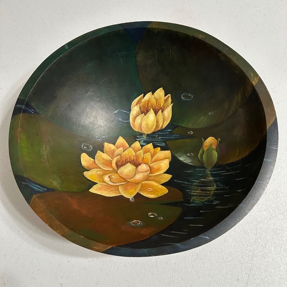 Weston Bowl Mill Other - Weston Bowl Hand Painted Water Lily Wooden Bowl Floral Art Vermont Vintage 11"
